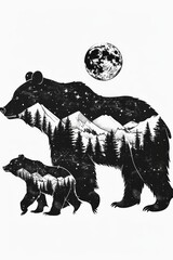 Walking bear and cub filled with forest and night sky