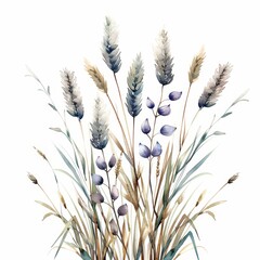 Watercolor Arrangement of Wild Grass and Ber Berries on White