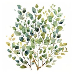 Watercolor Botanical Branches and Green Leaves on White Background