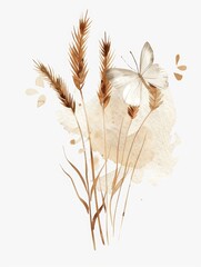 Watercolor Botanical Illustration with Butterfly and Dry Grass