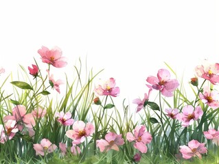 Watercolor floral border with pink flowers and green grass on white