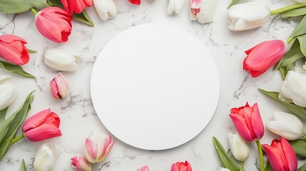 Circular blank white space surrounded by vibrant pink and white tulips, isolated on a white background.