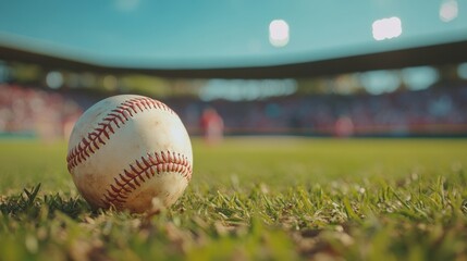 Anticipation hangs in the air as a baseball rests off-center on the field, surrounded by a vibrant blur of fans eagerly waiting for the game to begin