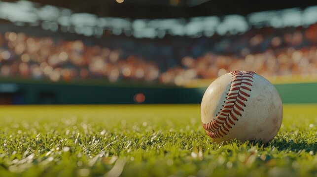 Excitement fills the air as a baseball rests off-center on the vibrant outfield grass, with a colorful blur of anticipation from the stadium crowd behind it