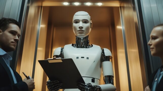 Modern workplace interaction where a sophisticated AI robot assists human coworkers in an elevator setting, portraying a blend of technology and professionalism - Powered by Adobe