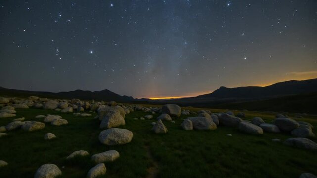Serene landscape under a starry sky with rocks and grass in twilight