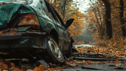 Vehicle left behind on a quiet road surrounded by vibrant autumn foliage showcases damage and decay in an uninhabited landscape