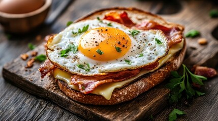Delicious breakfast sandwich with crispy bacon, a fried egg, and melted cheese on toasted white bread served on a rustic wooden board
