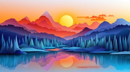 Vibrant Sunset Reflection Over Colorful Mountains and Serene Lake in Digital Art Style