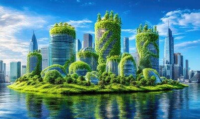Fototapeta premium Eco-city island, future metropolis, green buildings, sustainable urban design, water reflection, environmental concept