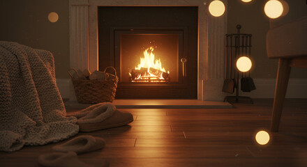 Cozy fireplace scene warm lighting ambiance