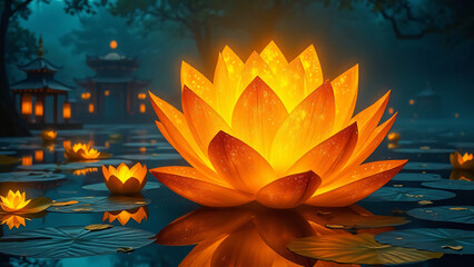 Night brings a serene beauty to the pond with pink and purple water lily blossoms among their leaves