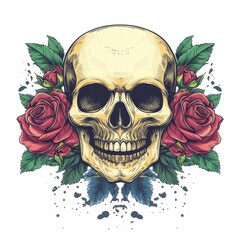 Fototapeta premium Detailed illustration of a skull surrounded by roses and leaves.