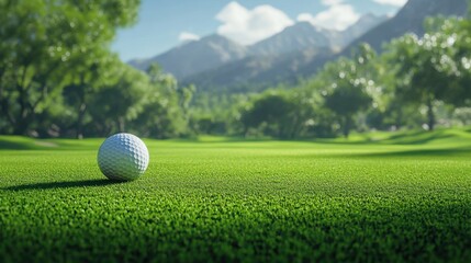Golf ball soaring through the air against a backdrop of stunning mountains and a vibrant green course on a sunlit day