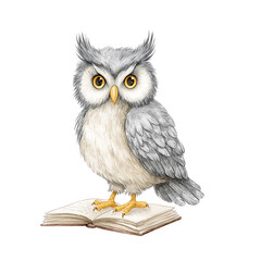 Fototapeta premium Wise grey owl stands on an open book against a plain white backdrop.