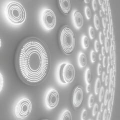 A series of minimalist glowing circles in white, arranged in a radial pattern, representing different cryptocurrencies. High quality photo
