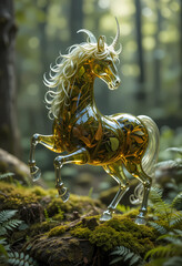 Mythical centaur made of glass, filled with herbal tea and forest leaves, moss and ferns at feet, enchanted woodland background."