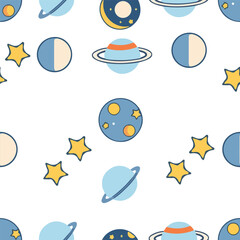A fun and playful space-themed pattern with a white background, featuring cartoon-style illustrations of rockets, stars, planets with rings, the sun, and moons. The flat design and bright colors creat