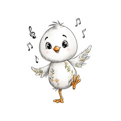 Cute cheerful chick is dancing while listening to the melody of music notes
