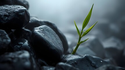 Resilience in Nature Concepts A Tiny Sprout Emerging from Dark Stones