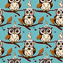 cartoon owls sipping coffee