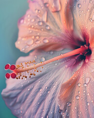 Vibrant hibiscus flower with water droplets and colorful gradient