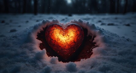 A heart-shaped object emits a gentle glow, partially hidden in the snow, suggesting a secret waiting to be revealed. 