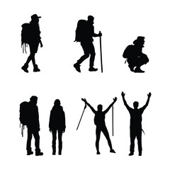 Obraz premium Outdoor Adventure Silhouette Set – Backpacker Couples Walking, Sitting, and Enjoying Nature | Vector Illustration