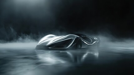 Obraz premium Futuristic silver car showcasing aerodynamic design in a dark misty studio with a glowing floor emphasizing its sleek contours and technological elegance