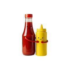 Obraz premium Happy ketchup and mustard bottles posing side by side like best foodie friends on a white background.