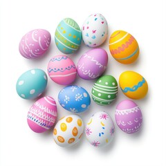 Fototapeta premium Colorful Easter Eggs in Various Patterns and Designs on a White Background