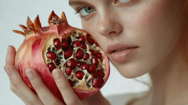 A woman holds a pomegranate in front of her face, possibly hiding or concealing herself
