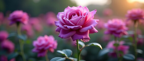 Fototapeta premium Pink roses in a field at sunset, Rose blossom in a garden at dusk, 
