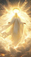 A glowing celestial being in flowing white robes, golden halo above its head, standing on luminous clouds, soft light rays, ethereal atmosphere, highly detailed, divine energy, dynamic lighting