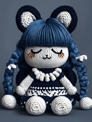 a charming handcrafted doll with blue hair, sitting peacefully