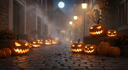 Spooky pumpkinlit street at Halloween night