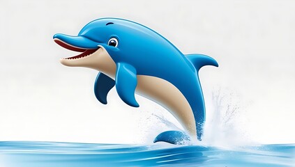 Obraz premium Cute cartoon dolphin character jumping out of water, isolated on white background, playful marine animal illustration perfect for kids content, ocean themes, and educational designs