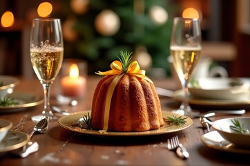 A festive dessert with yellow bow on a table set for Christmas dinner