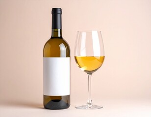 white wine bottle and glass with blank white label mock up 