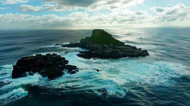 Dramatic ocean waves crashing against rocky island under cloudy blue sky. White foam surges around the green-topped formation as waves continually batter the dark coastal rocks.