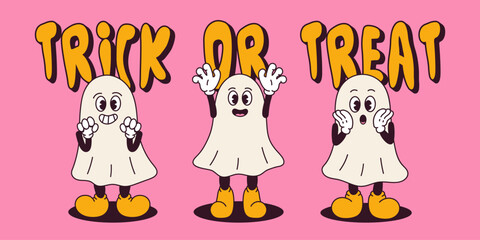 Groovy retro halloween mascot ghost set. Trendy retro cartoon style. Isolated cheerful cartoon vector funny characters, spooky ghost and funny expression during party night celebration