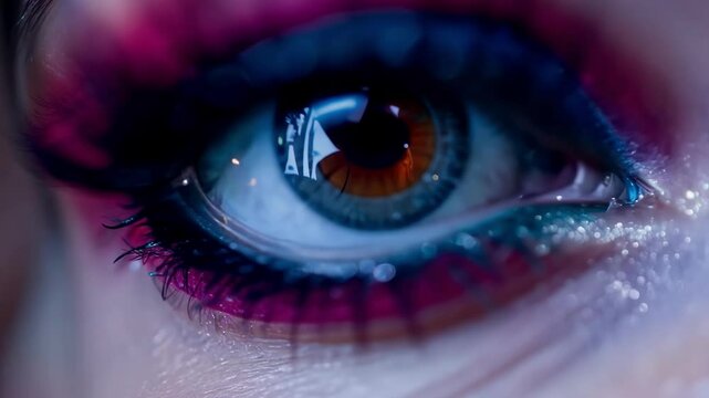 Extreme closeup of vibrant pink and blue makeup on human eye with glitter accents. The brown iris remains fixed while light reflections subtly change across the detailed cosmetic application.