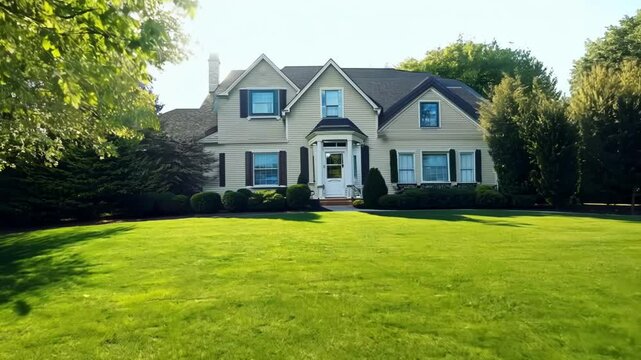 Elegant white suburban house with blue shutters surrounded by lush green lawn and mature trees. Sunlight gradually shifts across the property creating subtle shadow patterns.