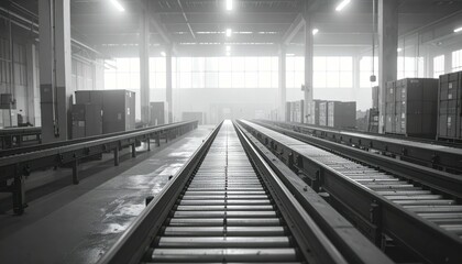 Naklejka premium Antique Logistics Hub with Conveyor Belts in Misty Atmosphere