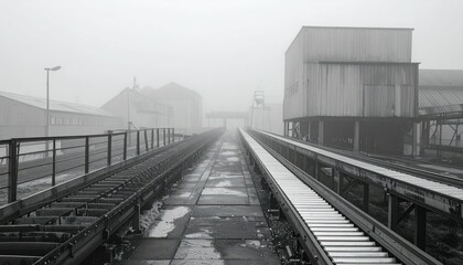 Antique Logistics Hub with Conveyor Belts in Misty Atmosphere