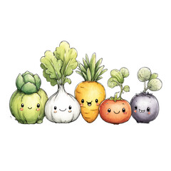 Watercolor vegetables with cute faces cheerfully stand in a row together
