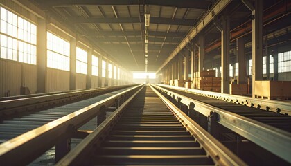 Antique Shipping Depot with Conveyor Belts in Soft Morning Light