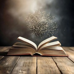 Magical Open Book on Wooden Table with Glowing Particles and Mystical Atmosphere in Dim Light