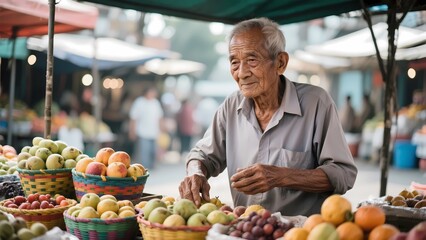 Fototapeta premium The fruit stall of the old man at the market