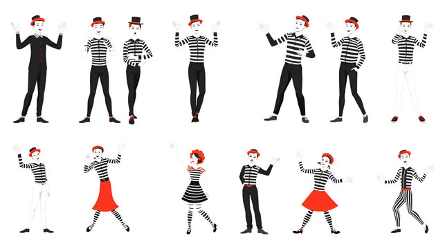 Mime performing pantomime icons set. Collection of male and female mimes performing different actions wearing typical black and white striped clothing